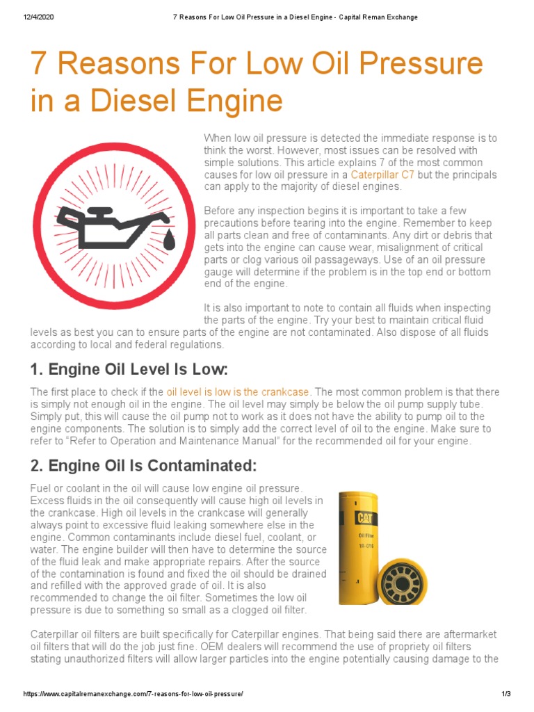 7 Causes of Low Diesel Engine Oil Pressure | PDF | Motor Oil | Piston