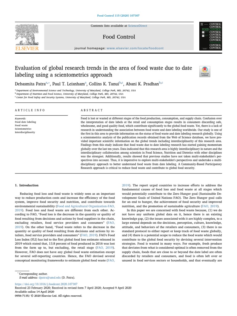 Evaluation of Global Research Trends in The Area of Food Waste D - 2020 ...