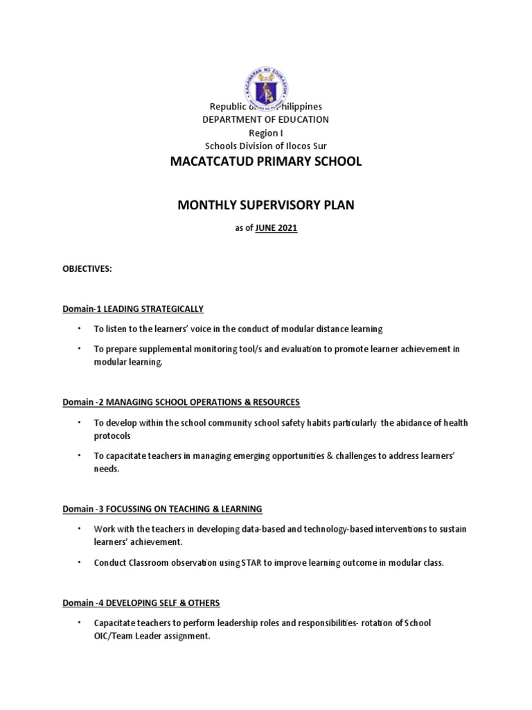 MONTHLY SUPERVISORY PLAN-june 2021-Maca | PDF | Teachers | Educational ...