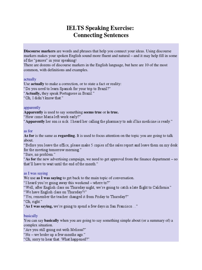IELTS Speaking Exercise Connectors.using PDF English Language