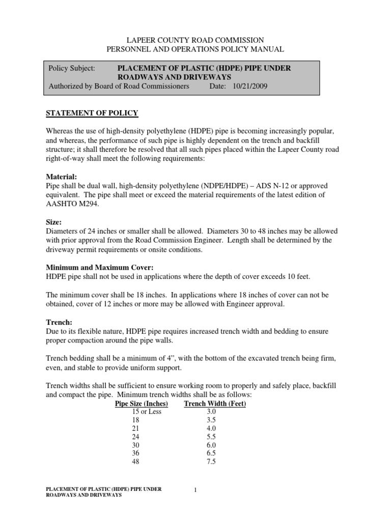 Placement of Plastic (HDPE) Pipe Under Roadways and Driveways PDF