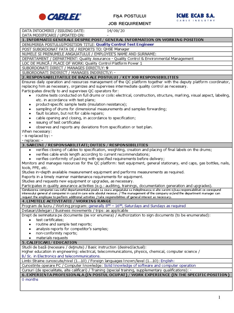 Quality Control Test Engineer Role | PDF | Quality Assurance ...