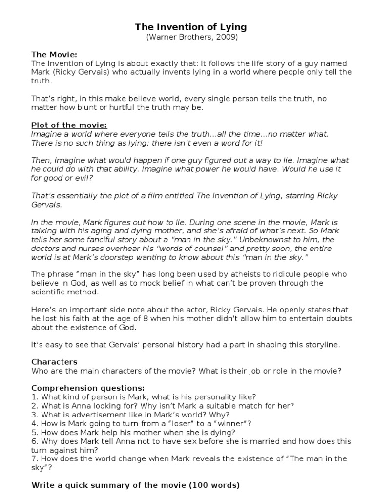 The Invention of Lying Worksheet | PDF