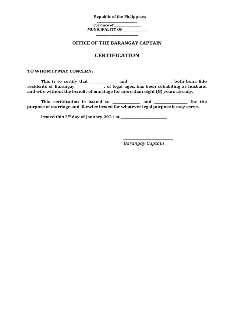 Certification Office of The Barangay Captain PDF
