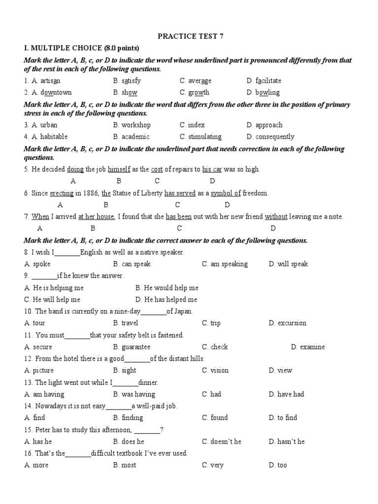 Practice Test 7 I. MULTIPLE CHOICE (8.0 Points) | PDF | Halloween ...