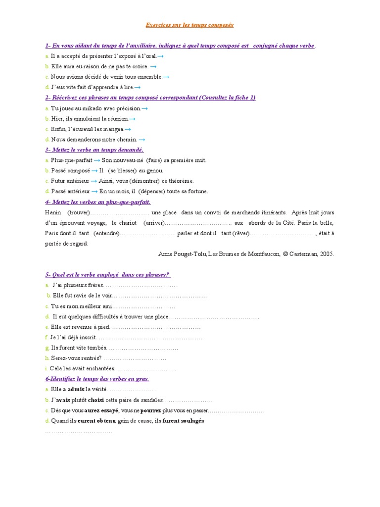 évaluation Temps Composés 6ème Pdf Ex Les Temps Composés 2 | PDF