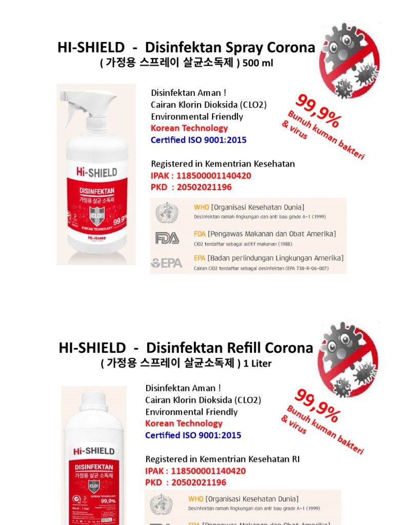 HI-SHIELD - Disinfektan Spray Corona: Disinfektan Aman ! Cairan Klorin ...