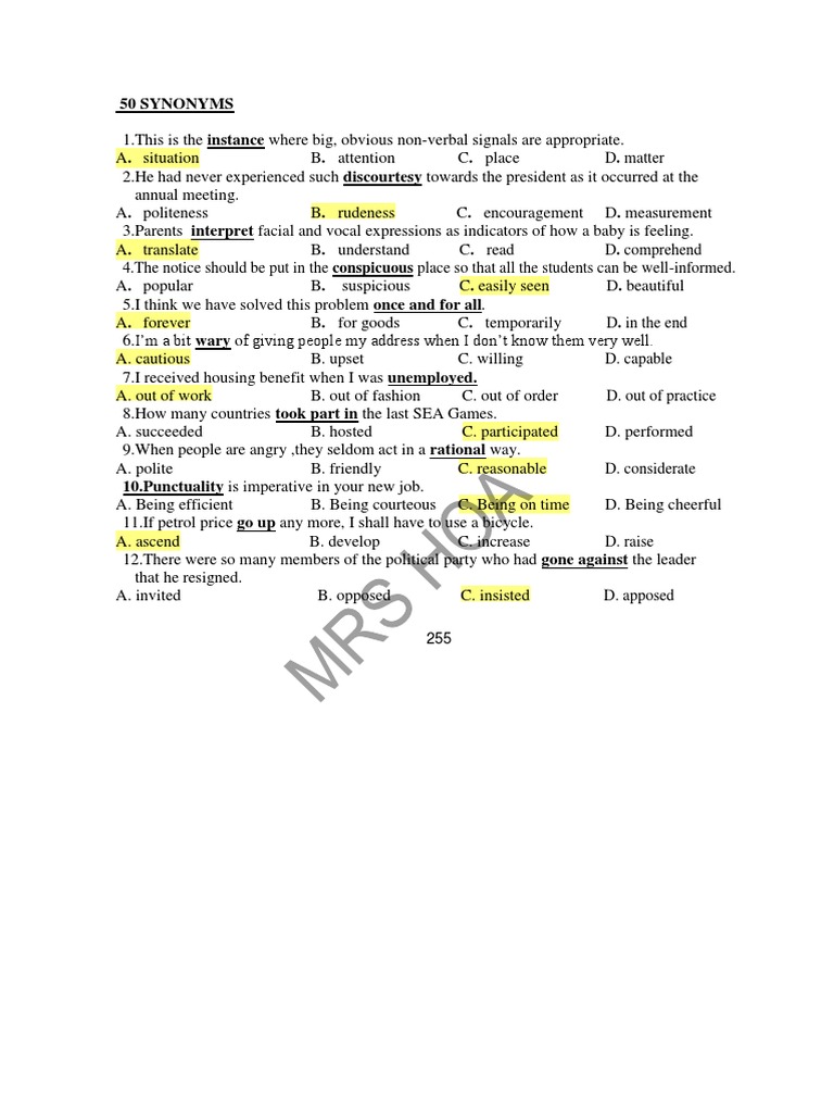 50 Synonyms An Analysis of Word Choices and Their Meanings PDF