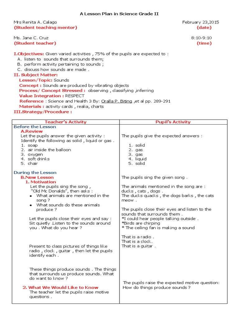 A Lesson Plan in Science Grade II | PDF | String Instruments | Sound