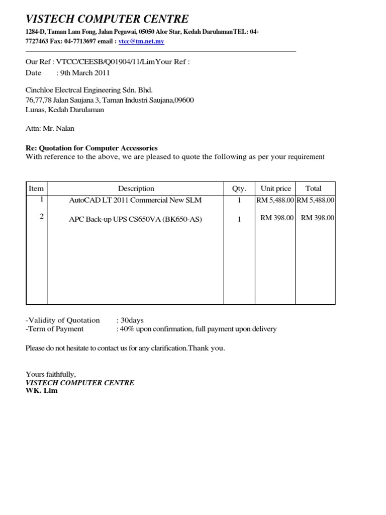 Vistech Computer Centre: Re: Quotation For Computer Accessories | PDF