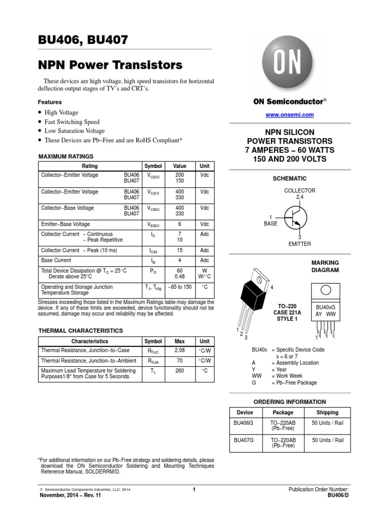 BU406, BU407 NPN Power Transistors | PDF | Bipolar Junction Transistor |  Transistor