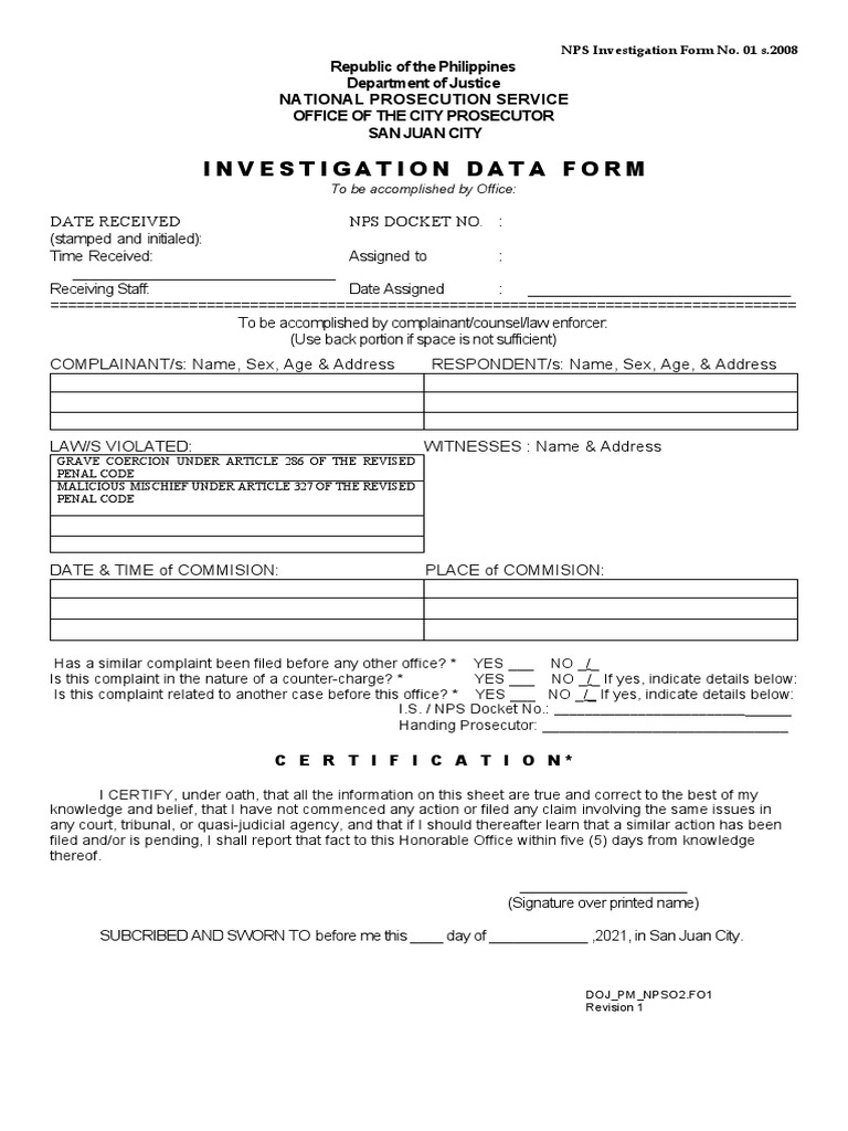 INVESTIGATION DATA FORM DOJ Revision 1 PDF Prosecutor United