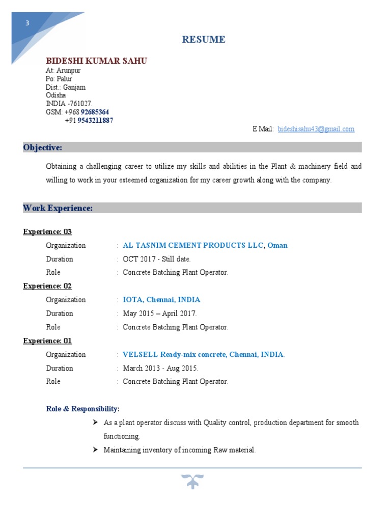 Batching Plant Operator Resume | PDF | Business | Science