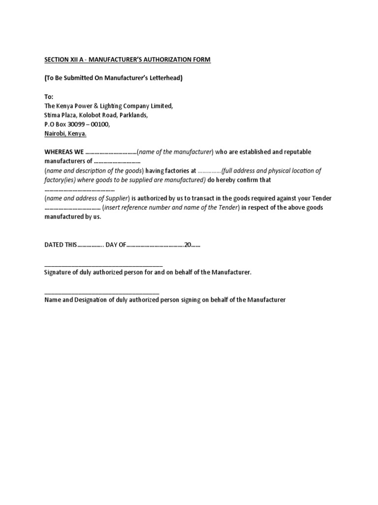 Manufacture Authorization Form and Warranty PDF