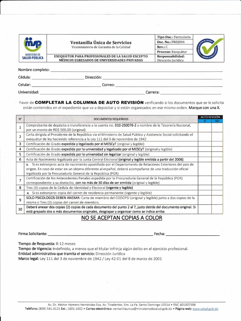 Solicitud Exequatur Salud Publica | PDF | Certificado de nacimiento ...