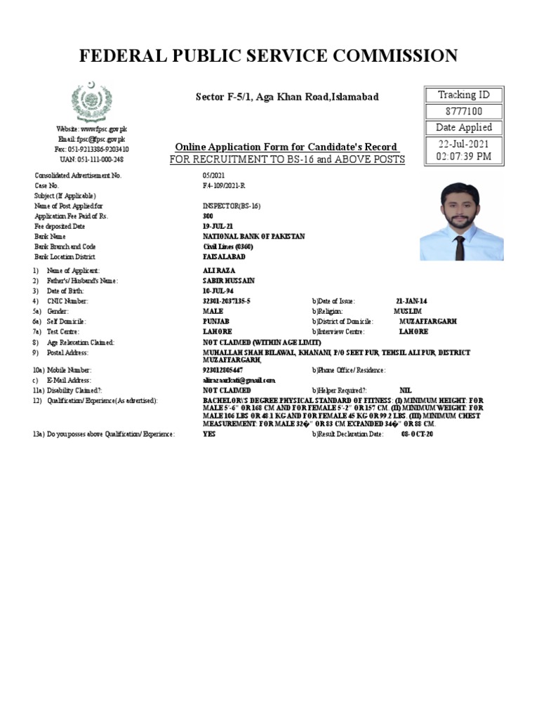 Inspector ASF Application: Ali Raza | PDF