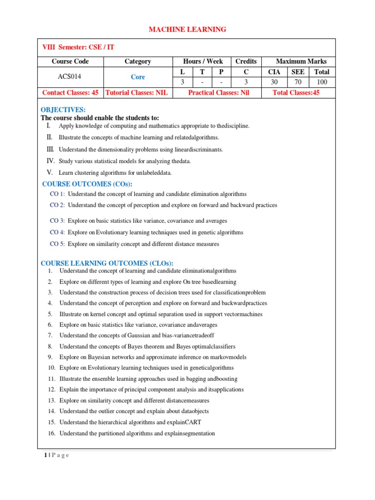 Machine Lerning Syllabus Final | PDF | Cluster Analysis | Machine Learning