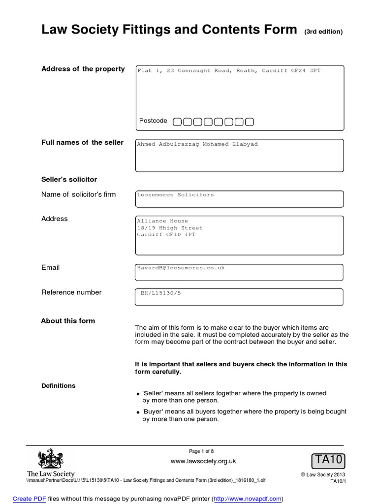 (TA10) TA10 Law Society Fittings and Contents Form (3rd Edition