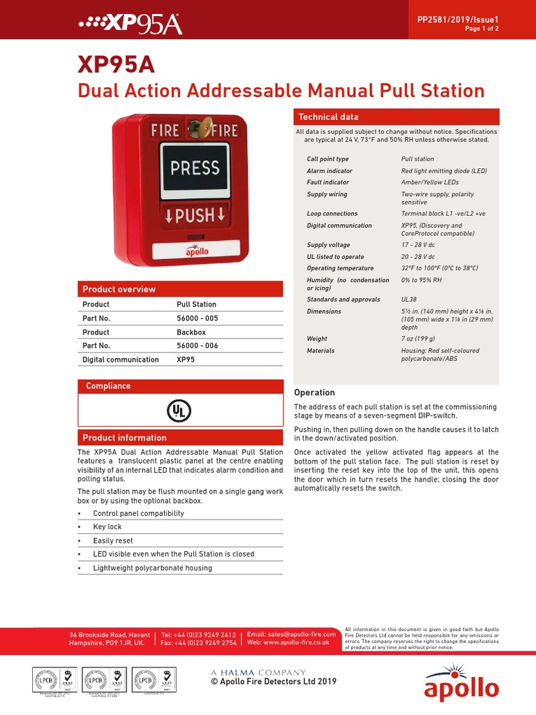 XP95A Dual Action Addressable Manual Pull Station PDF Light