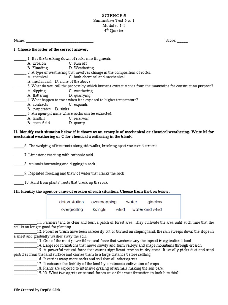 Summative Test No. 1 Modules 1-2 4 Quarter: Science 5 | PDF ...