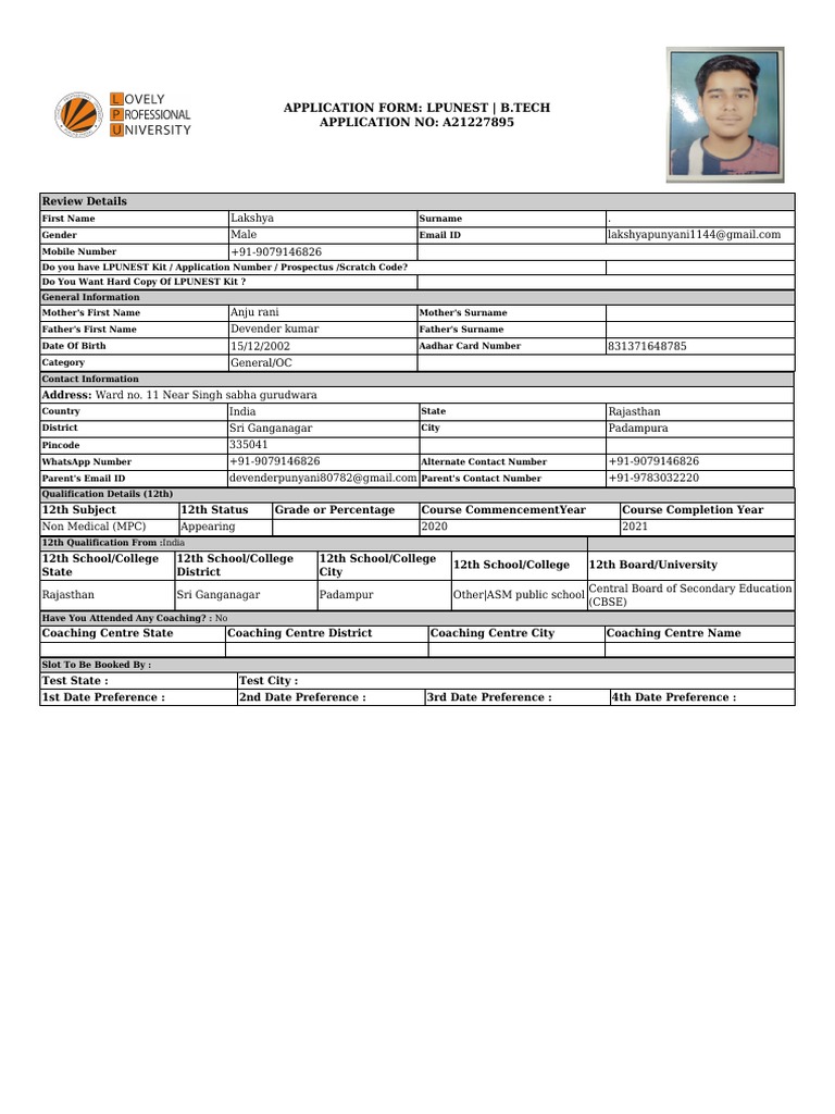 LPUNEST B.Tech Application Form | PDF