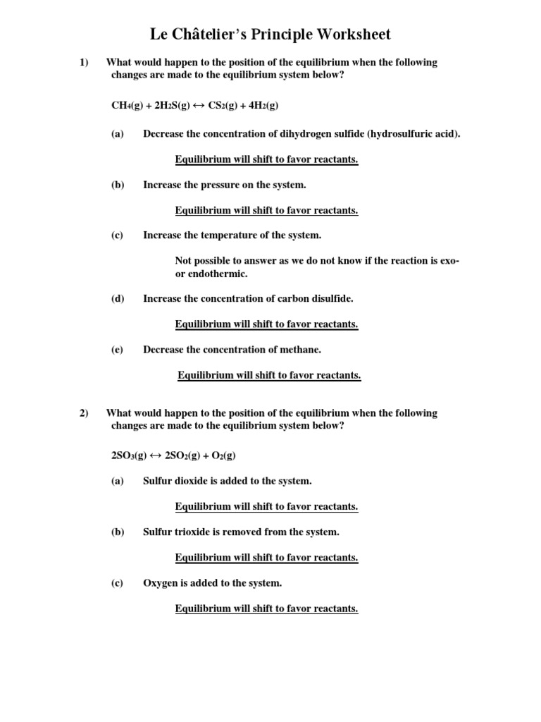 Le Châtelier s Principle Worksheet PDF Chemical Equilibrium