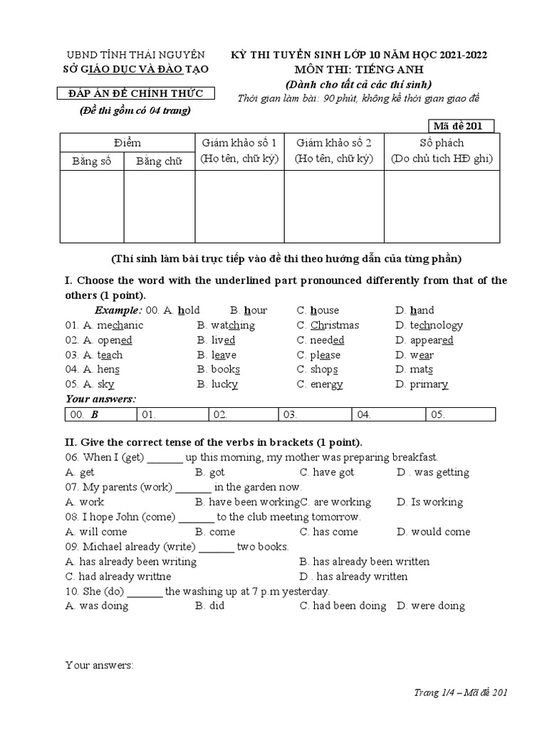 ĐỀ TIẾNG ANH VÀO 10. 2021-2022 - Ma de 201 | PDF | Teachers