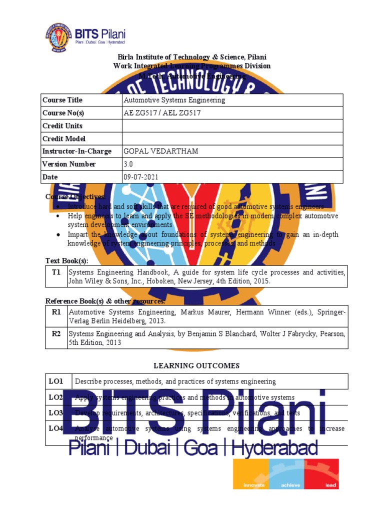 Bits Pilani Course Handout Ael PDF Systems Engineering System