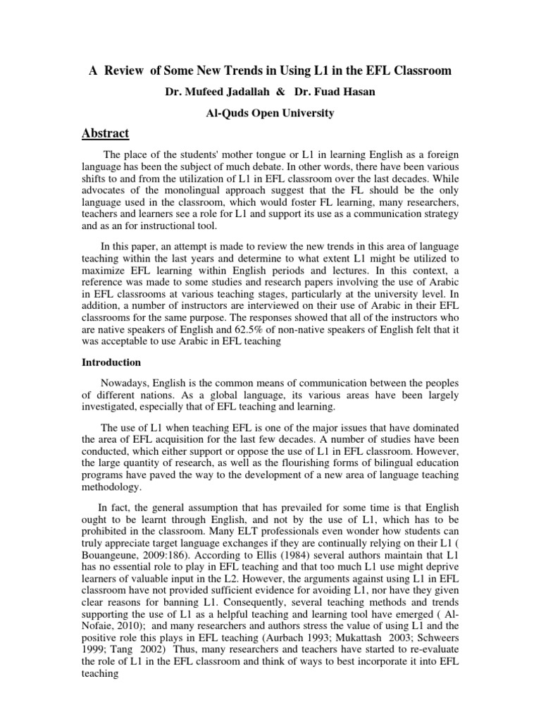 Trends in L1 Use in EFL Classrooms | PDF | English As A Second Or ...
