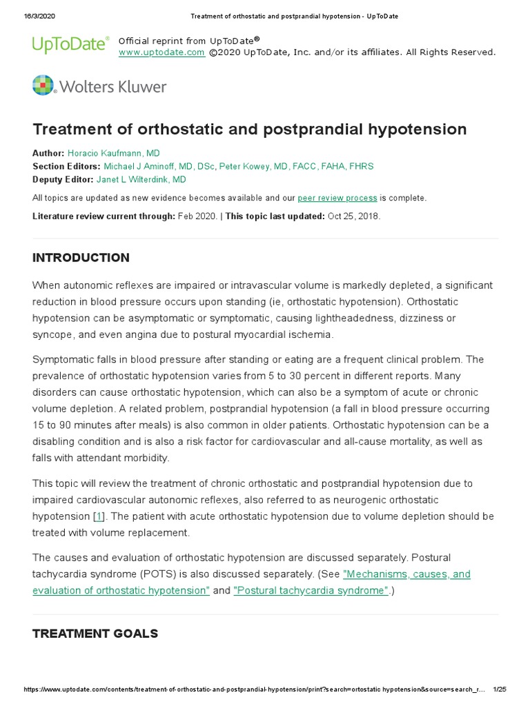Treatment of Orthostatic and Postprandial Hypotension UpToDate PDF