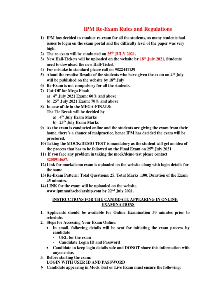 IPM Re-Exam Rules and Regulations: 25 July 2021 18 July 2021 | PDF ...