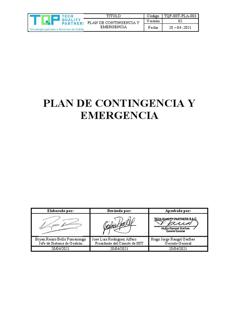 TQP-SST-PLA-003 Plan de Contingencia y Emergencia | PDF | Primeros ...