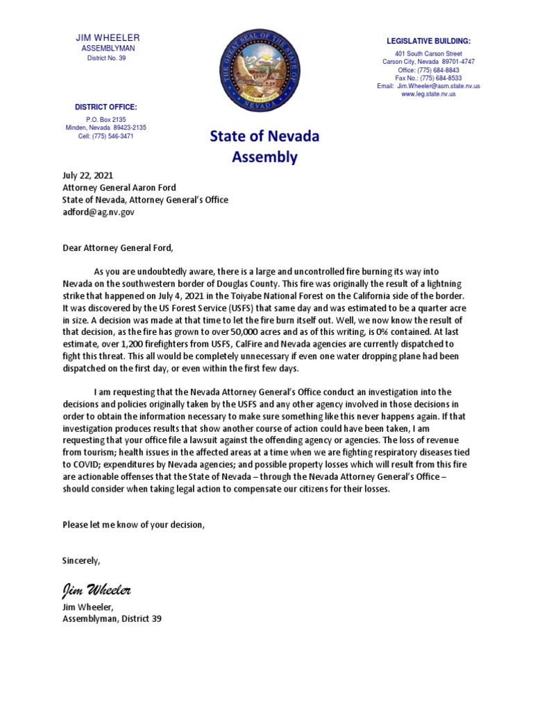 Nevada Attorney General's Office Letter PDF Nevada United States