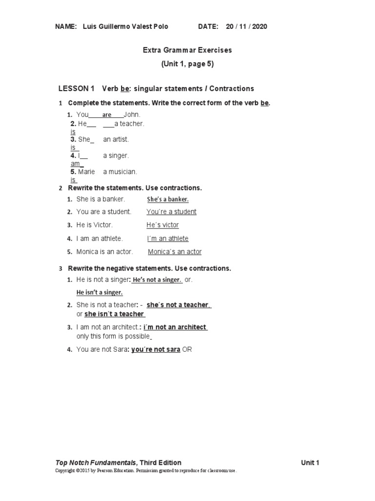 Extra Grammar Exercises (Unit 1, Page 5) LESSON 1 Verb Be: Singular ...