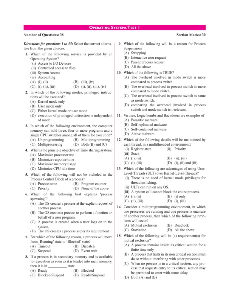 Operating Systems Test 1 Number of Questions 35 Section Marks 30