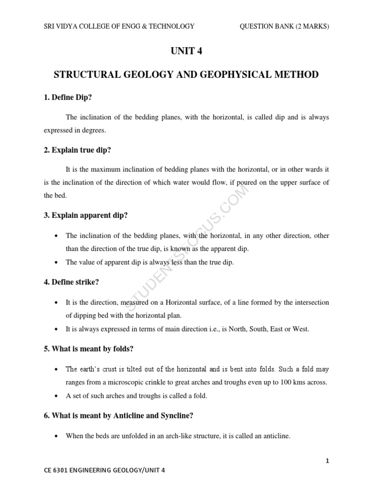 Unit 4 Structural Geology and Geophysical Method 1. Define Dip