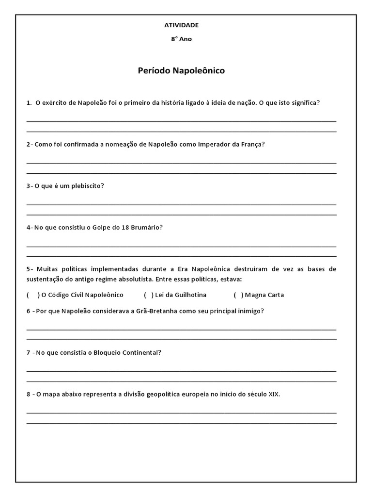 Atividades sobre a Era Napoleônica 8º Ano | PDF