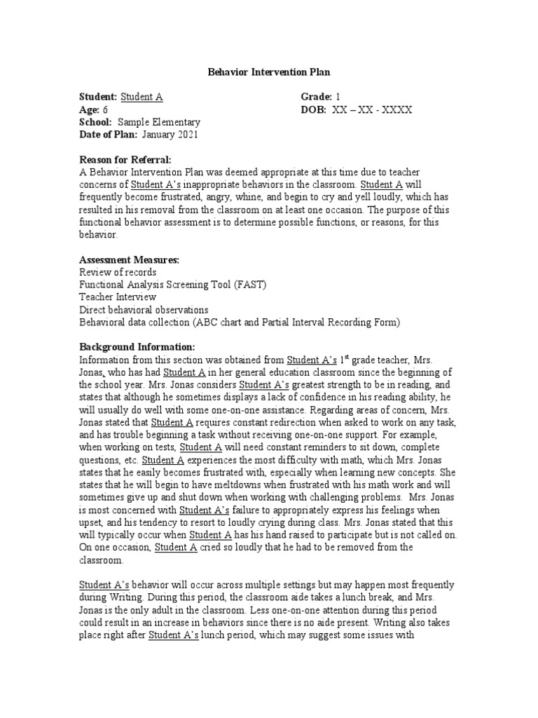 Behavior Intervention Plan | PDF | Reinforcement | Teachers