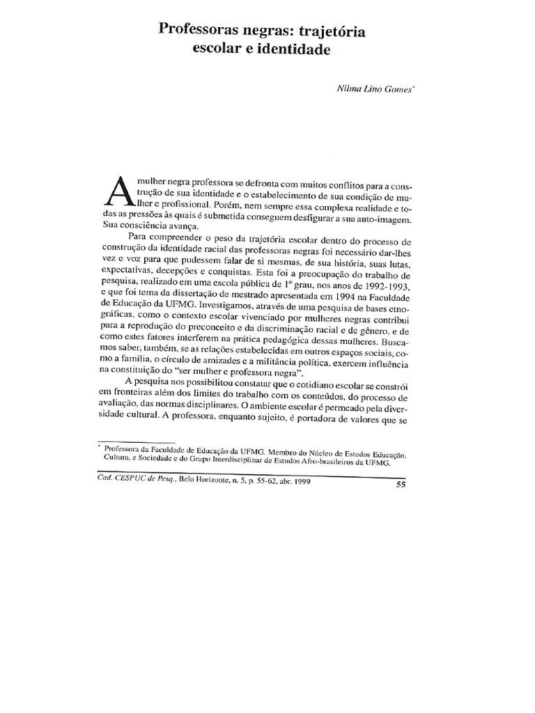 DISSERTAÇÃO Nilma Lino Gomes Professoras Negras Trajetoria Escolar e