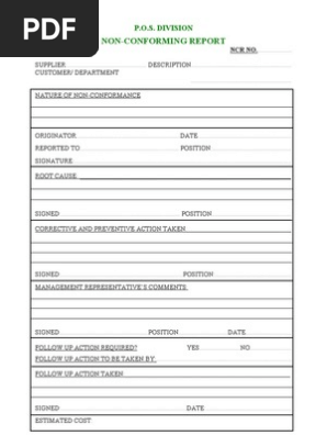 NON CONFORMANCE REPORT FORM