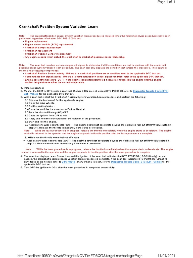 Crankshaft Position System Variation Learn Diagnostic Trouble Code (DTC) List Vehicle PDF