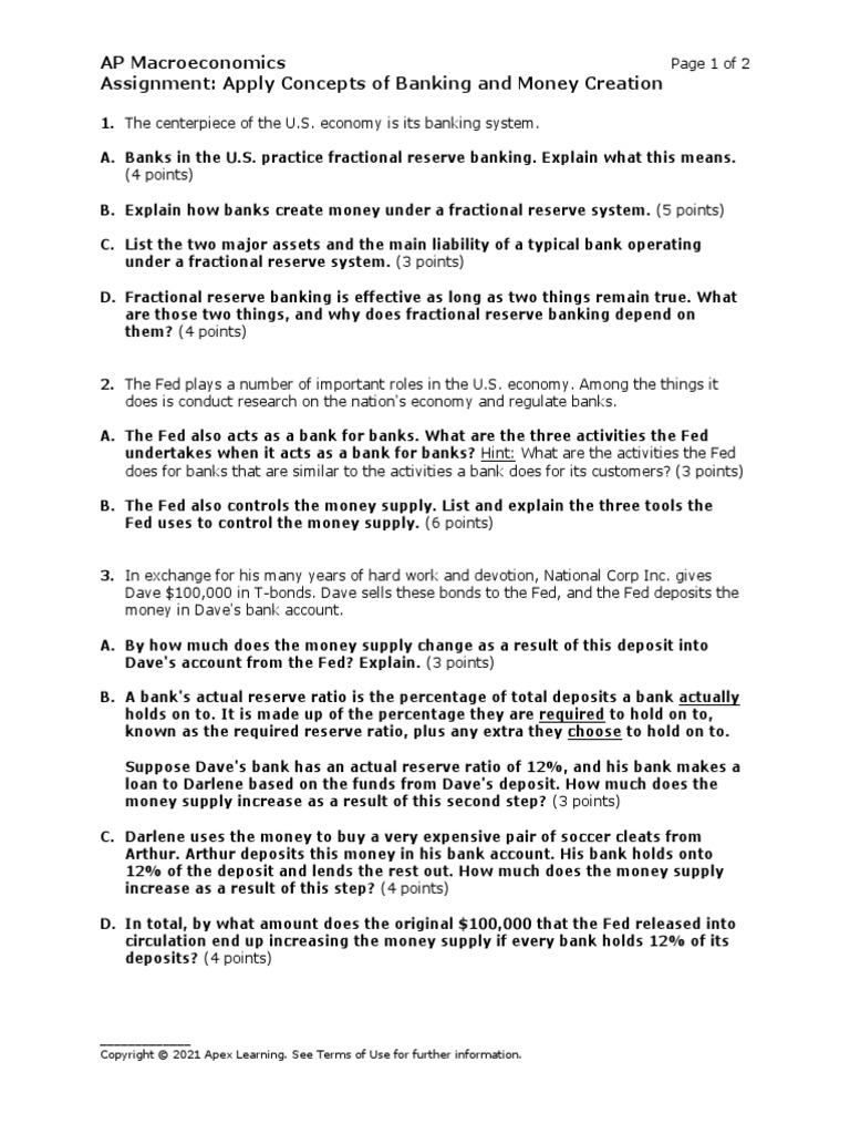 AP Macroeconomics Assignment Apply Concepts of Banking and Money