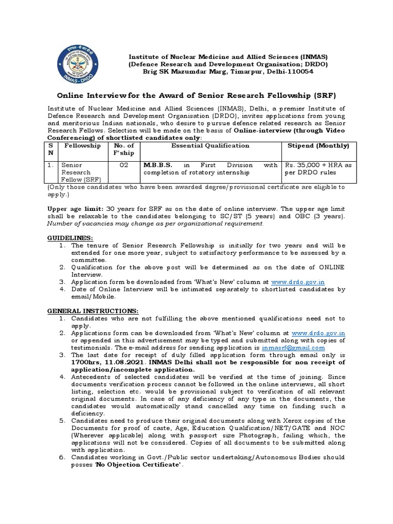 Online Interview For The Award of Senior Research Fellowship (SRF ...