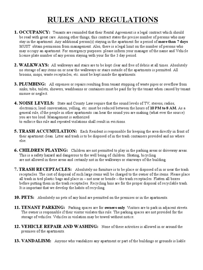 Rules Regs PDF Eviction Apartment