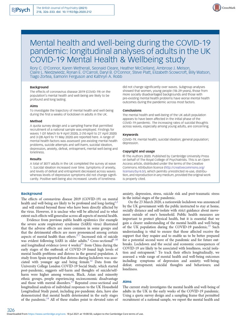 Mental Health and Well Being During The Covid 19 Pandemic Longitudinal ...