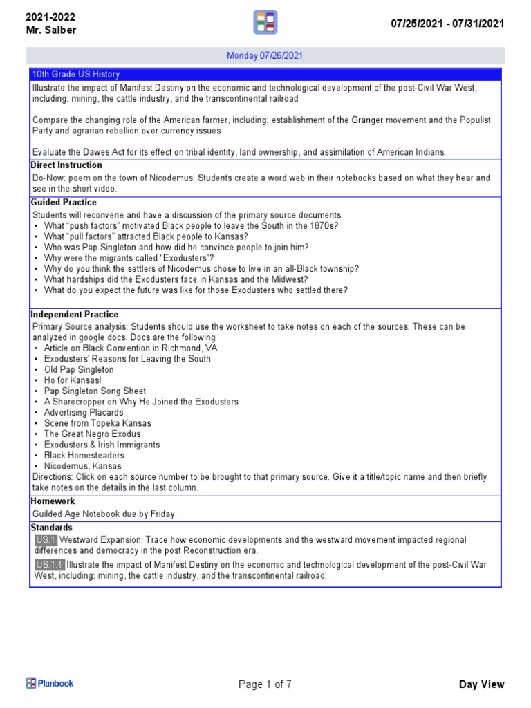 10th Grade US History Lesson Plans Week 1 PDF People's Party