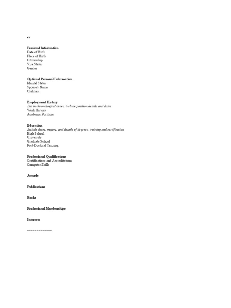 CV Personal Information: List in Chronological Order, Include Position ...