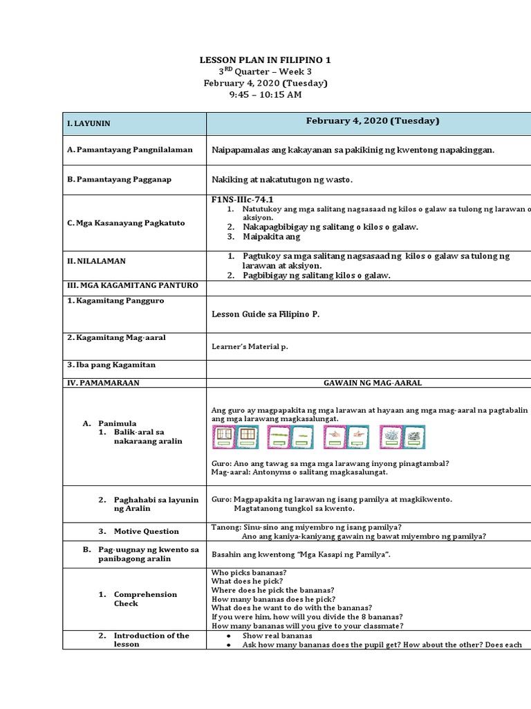 Lesson Plan in Filipino 1 | PDF