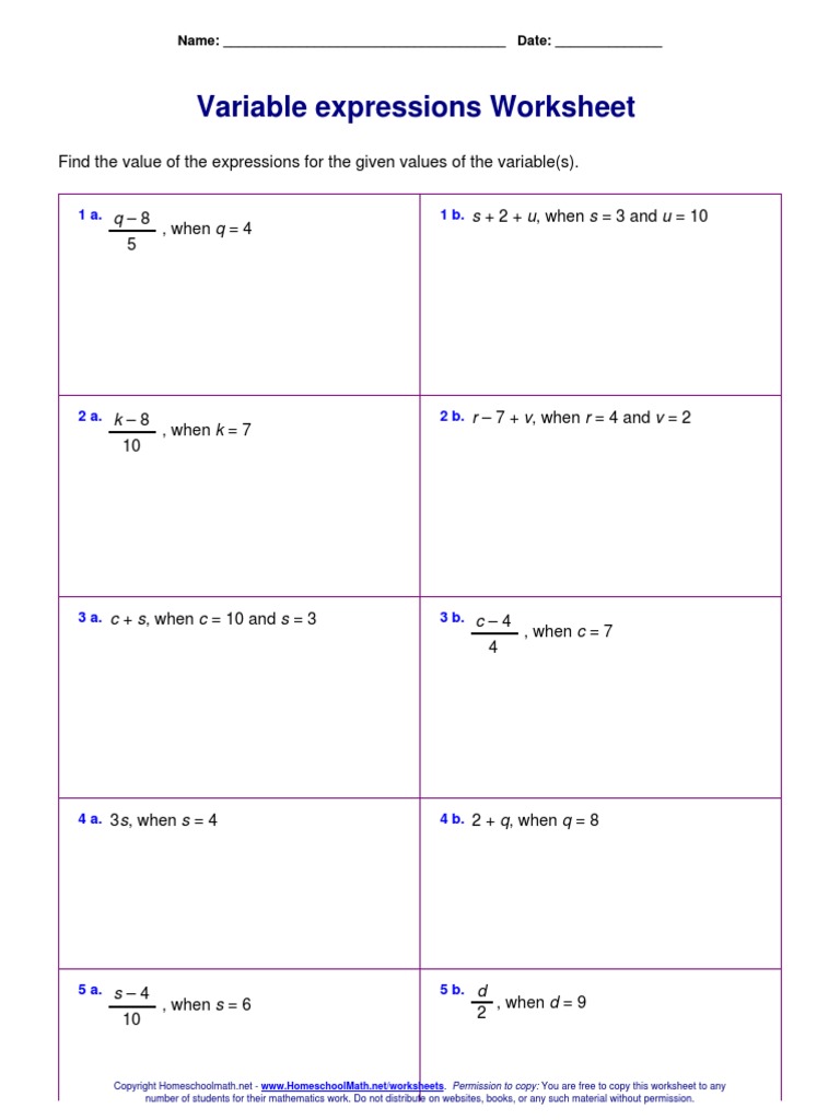 Variable Expressions Worksheet: Q - 8 S + 2 + U, When S 3 and U 10 ...