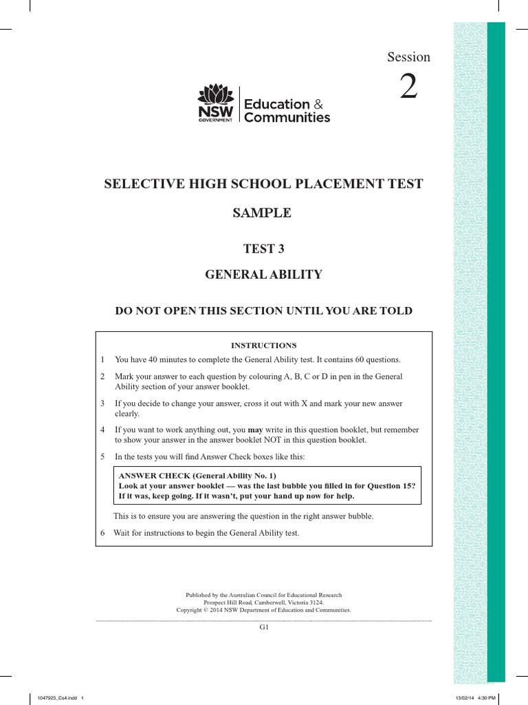Selective High School Placement Test Sample Session PDF Teaching